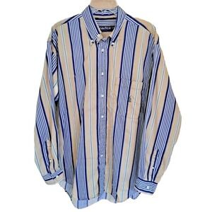 Nautica Shirt Mens L Tan Blue Green Striped Long Sleeve Casual Button Up Cotton